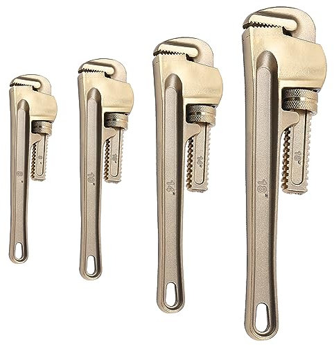 Juego de llaves para tubos sin chispas, 8 10 14 18, juego de 4 llaves de plomería rectas con chispas, llave ajustable de seguridad sin chispas, bronce de aluminio, resistente a la corrosión, es