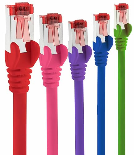 Câble réseau Cat6 5x 1m CAT6 - blindage SFTP - Câble patch CAT.6 RJ45 Câble Ethernet - rouge, magenta, violet, bleu, vert - 5 couleurs