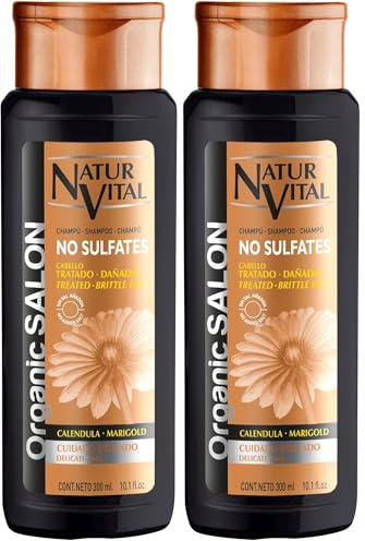 NaturVital - Champú Organic Salon, Sin Sulfatos, Parabenos ni Siliconas, Champú Natural con Keratina Vegetal y Extractos Biológicos, para Cabellos Dañados, Rizados o Alisados, 300 ml (Paquete de 2)