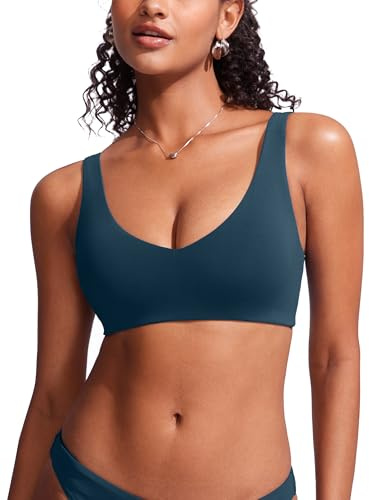 CRZ YOGA V Shaped Bikini Tops for Women - Padded Bathing Suit V Back Wide Straps Swim Bra Swimsuit Insignia Blue Large