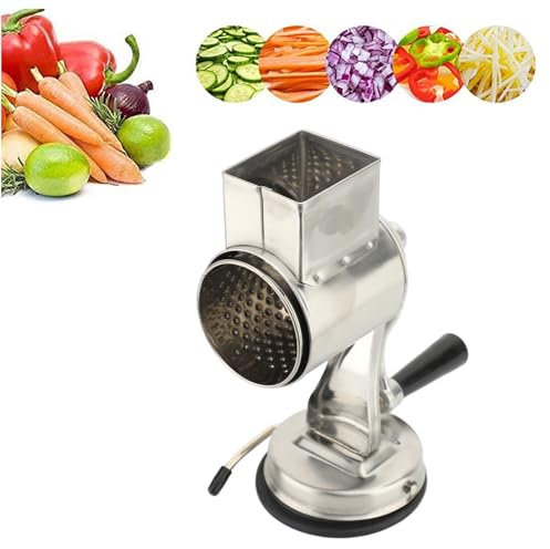 Topyond Rallador de queso manual con 5 cuchillas intercambiables, rallador de verduras con manivela de acero inoxidable, base de succión reforzada para cocina, trituradora de