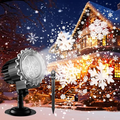 MOSSNDAR Christmas Projector Lights,HD 3D Moving Snowflake,Outdoor/Indoor | Waterproof,270°Adjustable Angle,Single-Head Design,Easy Installation,For Garden Patio Party New Year Eve Decorations