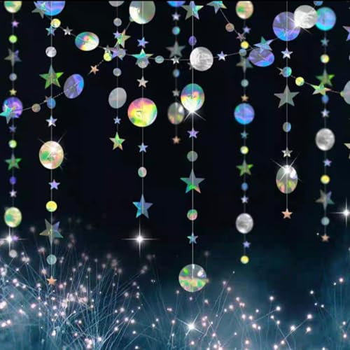 Ghirlande di Carta a Punti Circolari,13 FT Ghirlanda di Stelle Rotonde Iridescenti Striscione da Appendere Glitterata Colorata di Stelle per Matrimonio Festoni Addobbi Compleanno Natale Festa