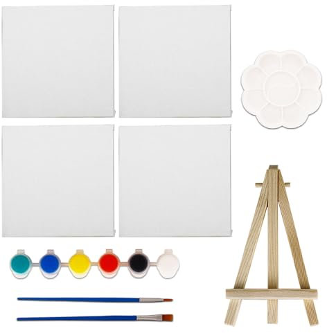 Ronoza 4 Stück Leinwand zum Bemalen, 10x10cm Mini Leinwand Panel mit Mini Staffelei mit 2 Pinseln und Farbtablett für Bastler Künstler,Acrylfarben Geeignet, Acryl und Ölgemälde Weiß