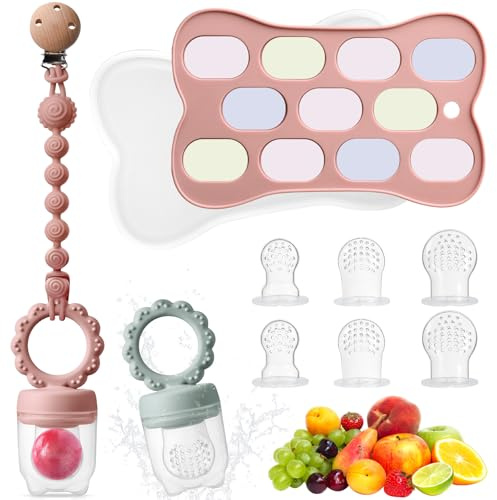 Beeoecm Ciuccio Frutta Neonati, Ciuccio per Alimenti Neonati, 2 Ciuccio per Frutta con 6 Capezzoli in Silicone, 1 Catenella per Capezzoli, 1 Stampo per Cubetti di Ghiaccio 3 a 6+ Mesi (Arancione)