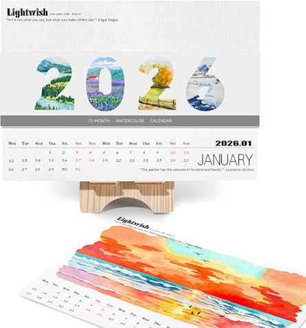 Lightwish Papel de calendario de acuarela para 2026, 100% algodón, 12 hojas, 140 libras/300 g/m², papel de acuarela prensado en frío sin ácidos, suministros de arte para manualidades de acuarela y