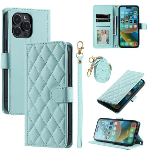 GoodcAcy Crossbody Lanyard Case for iPhone 13 Pro Max,with Adjustable Strap Neck Cord Necklace, Wrist Strap, Kickstand, Magnetic Closure, Shockproof Protective Soft Leather Flip Cover,light green