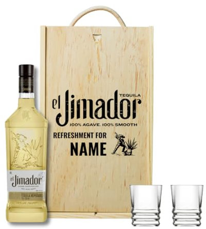 Personalised El Jimador Tequila Gift Set with Shot Glasses – Alcohol Present for Men or Women – 70cl Tequila Bottle (38% ABV) in Engraved Wooden Box – Margarita, Cointreau, Premium Spirits Gift