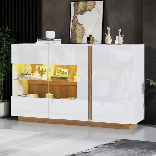 LINKHOO Buffet Blanc, Sideboard Commode Haute Brillance, Panneau de Particules Blanc avec Verre, Socle en Bois, Commode Armoire Couloir 138 * 38 * 90,5cm