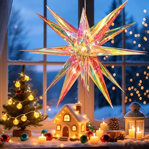 Weihnachtsstern Beleuchtet, 3D Irisierender Leuchtsterne Weihnachten mit Timer und 8 Beleuchtungsmodi, Hängend Weihnachtsdeko Aussen Stern für innen und außen