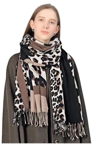 KRUIHAN Sciarpa Leopardato Donna con Frangia Elegante,Kaki Sciarpe e Stole Caldi Invernali in Cashmere Imitazione,Accessori Invernali Accoglienti,Regalo Donna Perfetti per Natale e Compleanni