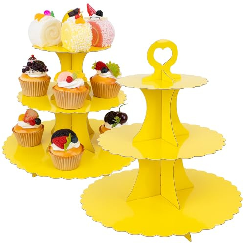 3-Tier Cupcake Stand 2 Pack Dessert Cup Cake Stand Tower Paper Round Cake Display Serving Plate for Anniversary Christening Disposable Pastry Holder for Birthday Wedding Party Decoration (Yellow)