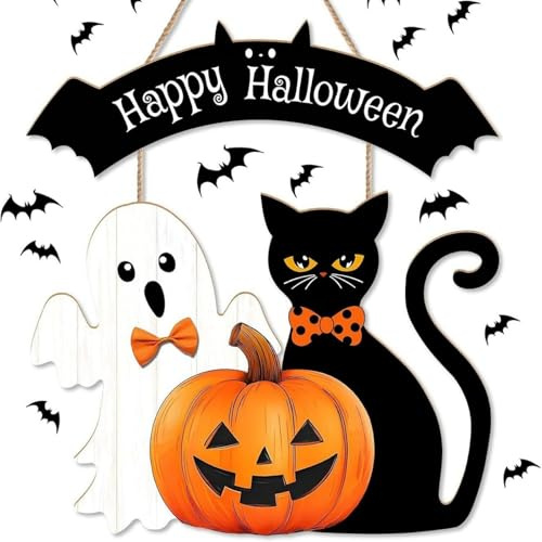Herbstdeko tür Herzlich Willkommen Schild aus Holz, Türschild Halloween - Willkommensschild mit Katze, Geist & Kürbis, Erntedankfest Herbstdeko zum Basteln Deko für Eingang, Balkon, Garten