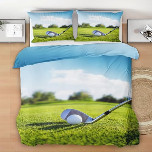 Générique Housse de Couette 200x200 Golf, Réversible Parure de Lit Terrain de Golf, Ensemble de literie Microfibre 3 Pièces avec Fermeture Éclair + 2 Taie d'oreiller 65x65cm