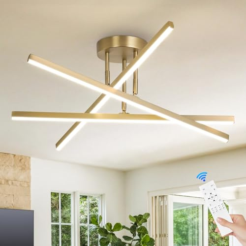 Moderne Gold LED Deckenleuchte fur Wohnzimmer 3-flammige Halbeinbau-Deckenleuchte Dimmbare Sputnik Kronleuchter für Esszimmer Küche Schlafzimmer Flur Eingangsbereich 60cm 25W
