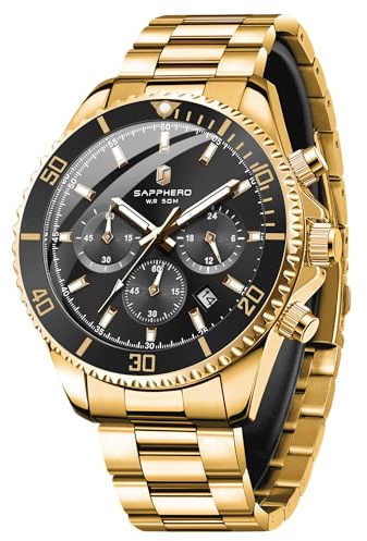 SAPPHERO Uhren Herren Chronograph Analog Quarz 50M Wasserdicht Armbanduhr Herren Mode Lässig Business Herrenuhren mit Kalender Edelstahlarmband Uhr Geschenk für Männer