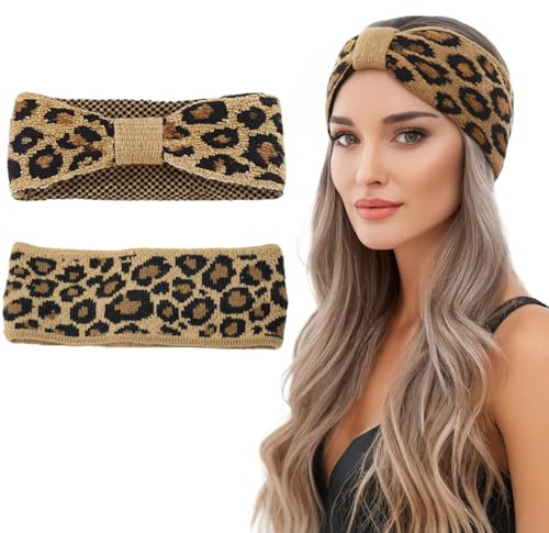 OIXEYA Bandeau Cheveux Femme, 2 Pièces, Imprimé Léopard, Hiver, Chaud, Cache Oreille, Pratique, Cadeau de Noël