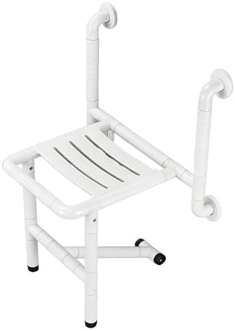 Gqudyi Duschklappsitz füR Wandmontage mit StüTzfüßEn,Duschsitz mit Armlehnen Klappbar Wandmontage,Tragkraft 300kg,Geeignet füR Badezimmer,Toiletten und Eingangsbereiche(Color:Weiß)