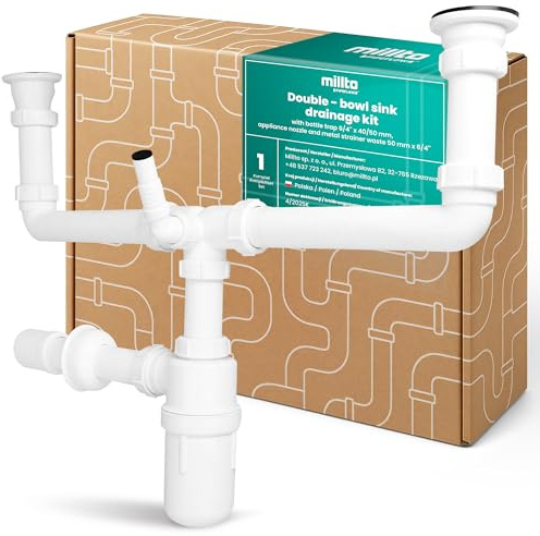 Millto Siphon Flaschensiphon für Doppelbeckenspüle 6/4'' 40/50 mm Ablaufgarnitur mit Geräteanschluss Geruchsverschluss Wasseranschluss Abflusssieb Kunststoff Ablaufventil Metallsieb