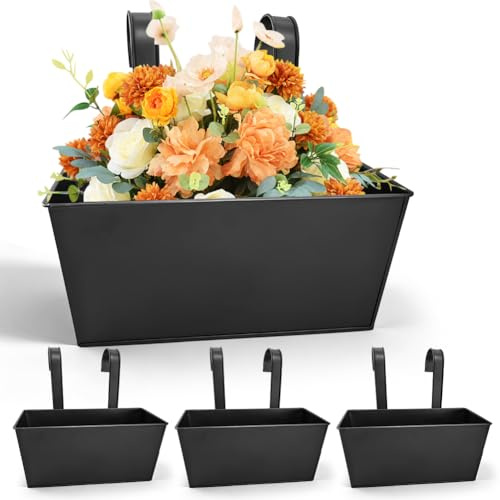 4 macetas colgantes de metal, grandes macetas para colgar con gancho extraíble, 27,5 cm, macetas colgantes para balcón, valla, jardín, pared, casa, casa, decoración, macetero decorativo (negro)