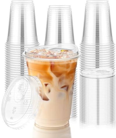 KesaPlan 100 Stück 480ml Plastikbecher Mit Deckel, Wiederverwendbare Plastikbecher To Go Mit Sip Lid Für Eiskaffee, Smoothie, Saft, Limonade, Kalte Getränke, Kaffee Becher