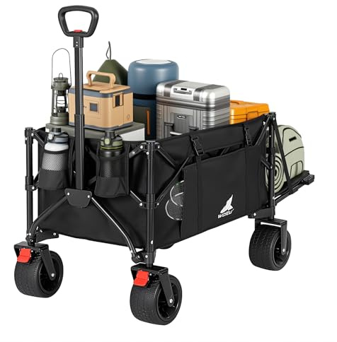 WOLTU Carrello da Giardino con Ripiano Posteriore Ribaltabile, Nero | 205 L, 180 kg, Carrello Pieghevole con 4 Ruote Grandi, Borsa Laterale, 2 Tasche Interne e 2 Portabicchieri, per Campeggio