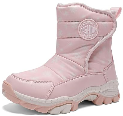 Vinter enfärgade snöstövlar för pojkar flickor halkfri varm ull förtjockning bekväma flickstövlar, ROSA, 32 EU
