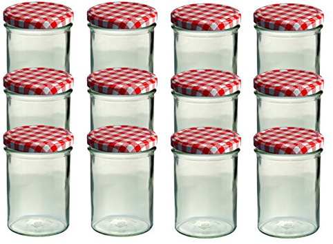 CapCro 12er Set Sturzglas 435 ml Marmeladenglas Einmachglas Einweckglas to 82 rot Karierter Deckel