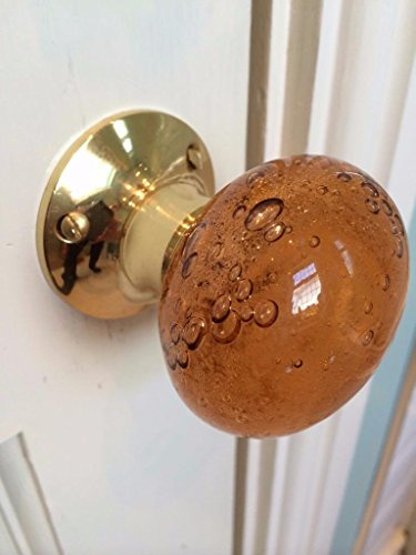 Chattels Beautiful Pair of Large Contemporary/Retro Round Amber Smooth Bubble Glass Brass Mortice Door Knobs/Handles PL
