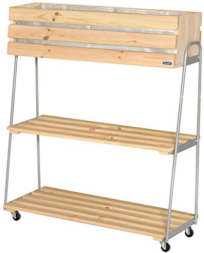 WAGNER GreenFAMILY - Jardinière surélevée Mobile - GreenRACK - Bois de conifères, Bois Massif FSC®, Naturel/métal, 87 x 103 x 35/24 cm, 2 étagères, 4 roulettes, Sac à Plantes Inclus - 25025001
