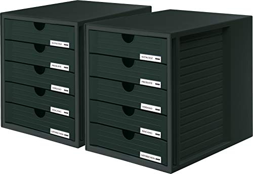 HAN 1450-14 Schubladenbox SYSTEMBOX; Innovatives; attraktives Design mit 5 geschlossenen Schubladen (Schubladenbox geschlossen | 2er Set, schwarz)