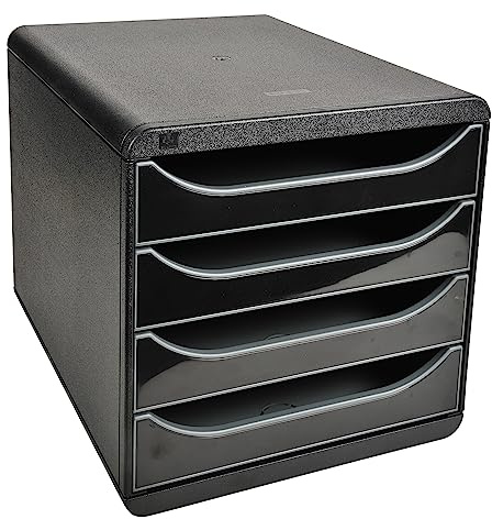 Exacompta 3104214D Premium Ablagebox mit 4 Schubladen für DIN A4+ Dokumente. Belastbare Schubladenbox mit hoher Kapazität für mehr Platz auf dem Schreibtisch Big Box Glossy Schwarz|Grau