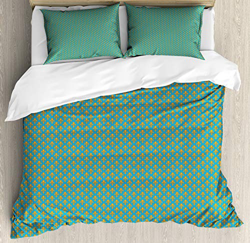 ABAKUHAUS Fleur De Lis Bettbezug Set für Einzelbetten, Königliche heraldische Lilien, Milbensicher Allergiker geeignet mit Kissenbezug, 230 x 220 cm - 70 x 50 cm, Orange Sea Blue