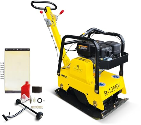 BAMATO Rüttelplatte R-135RV | mit Vor- und Rücklauf | inkl. XXL-Zubehörkit | 25 kN Verdichtungsdruck | inkl. Fahrwerk | massive Stahlkonstruktion | Bodenverdichter Rüttler