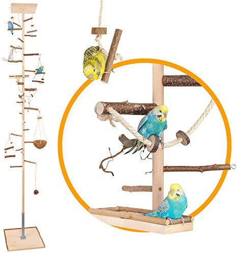 Vogelgaleria® Zimmerhoher Vogel-Kletterbaum 238-240 cm HiFly Medio mit Naturholz-Sitzstangen Vogelspielzeug Vogelschaukel Vogelspielplatz Freisitz Freiflug Landeplatz für Wellensittich Nymphensittich