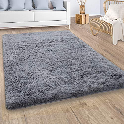 Paco Home Hochflor Teppich Wohnzimmer Fellteppich Kunstfell Shaggy Flauschig Grau, Grösse:Ø 80 cm Rund