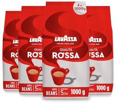 Lavazza, Qualità Rossa, Coffee Beans, 4 x 1 kg | Intensity 5/10, with Notes of Chocolate and Dried Fruit, Arabica and Robusta, Medium Roasting