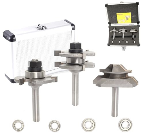 Gehrungs-Verleimfräser & Nut-/Federfräser 3-tlg. Set HW, Schaft 8 mm | Mit Kugellagern für präzise Führung. Ideal für stabile 45° Gehrungs- und Nut-Feder-Verbindungen bei Holzprojekten
