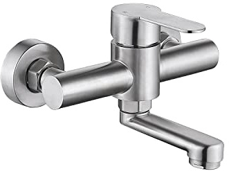HomeLava Grifos Cocina Fregadero Pared, Grifo Pila Caño Corto, Grifo Cocina de Pared, Giratorio 360°, Acero Inoxidable 304, Cepillada