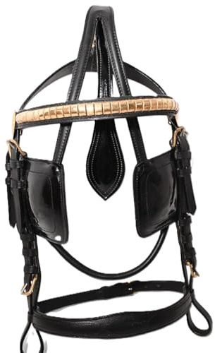 NEW DRAFT HORSE LEATHER DRIVING HARNESS BRIDLE PATENT LEATHER GOLDEN FITTING (BLACK COLOUR) (FULL)