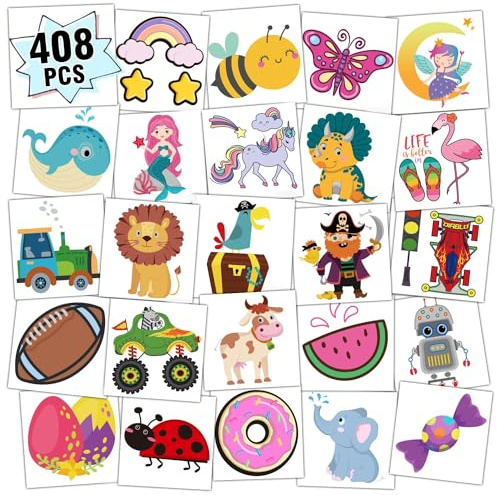 Partywind 408 PCS Kids Tattoos for Party Supplies, Individually Wrapped Sheet Temporary Tattoos Stickers for Kids Goodie Bag Stuffers, Fun Birthday Party Favors - Mixed