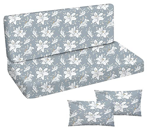 Ferocity Auflage für Hollywoodschaukel 185x50x50 Gartenbankauflage und 2 Kissen Palettenauflage Bankauflage Sitzkissen und Rückenkissen Polsterauflage Matratze Gartenpolster Glatt Blau Blumen [133]