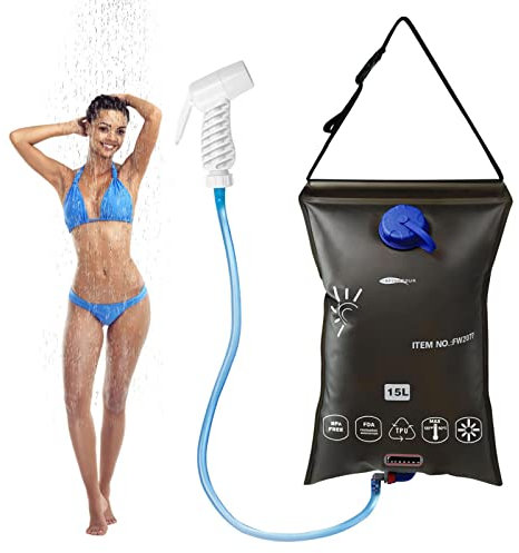 Camping Shower Solar Shower Bag 15 L Portable Solar Garden Shower Outdoor Hot Water Shower Travel Shower with Thermometer /Off Switchable Shower Head Capacity Marking