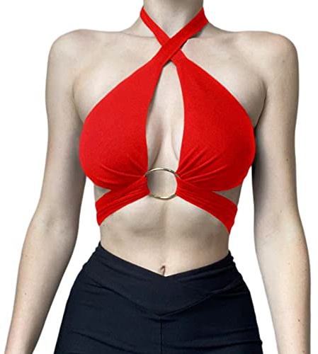 HTTOAR Canotta Sexy da Donna con Scollo A Crocevia Incrociata Tagliata Senza Maniche Tinta Unita Crop Top Canotta Vari Metodi di Usura con Anello in Metallo