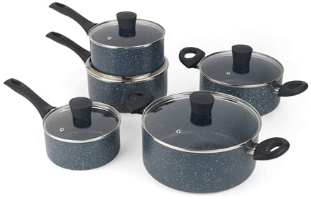 Russell Hobbs RH02818EU7 Nightfall 5-teiliges antihaftbeschichtetes Topfset, Hartglasdeckel, Soft-Touch-Griffe, 16/18/20-cm-Stieltöpfe und 20/24-cm-Suppentöpfe, induktionsgeeignet, Aluminium