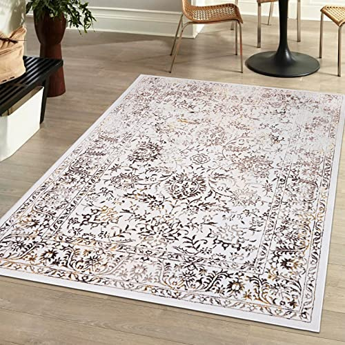 Mazovia Modern Teppich Wohnzimmer, Kurzflor elegant glänzender - Orient Vintage - Wohnzimmerteppich in Creme Beige mit Gold 140 x 200 cm