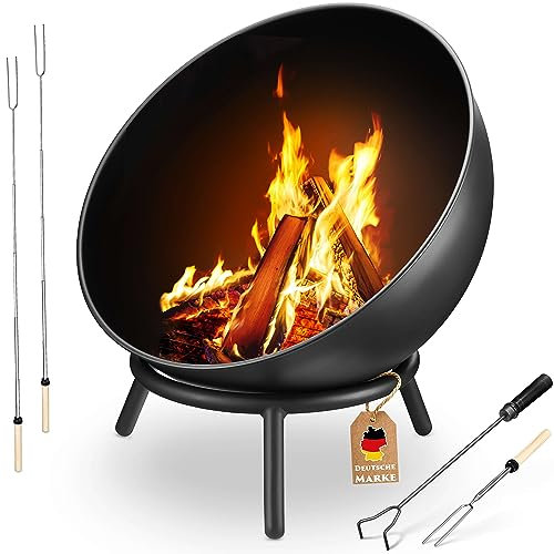Hochwertige Feuerschale für den Garten 60 cm - mit Schürhaken & 50 Stockbrotspießen - Feuerstelle Outdoor - Feuerkorb für Balkon & Terrasse (Dreibein schwarz)