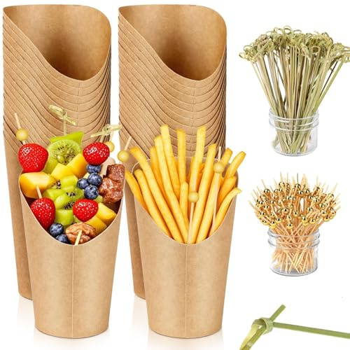 CZWESTC 60 porta patatine fritte con 200 stecchini da cocktail, 350 ml, usa e getta in carta kraft, tazze per salumi, scatole per popcorn