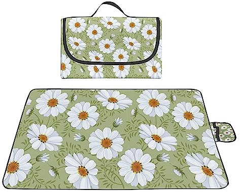 Picknickdecke 200x300cm,XXL Picknickdecke mit Wasserdichter Unterseite,Outdoor Stranddecke Sandfrei,mit Tragegriff Picnic Blanket für Camping,Strand,Familie,Konzerte Gänseblümchen Weiße Blumen
