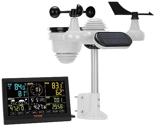 VEVOR 7-in-1 Wetterstation Funkwetterstation mit Außensensor 7,5 Farbdisplay RCC-Atomuhr zur Messung von Windrichtung Windgeschwindigkeit Luftdruck Innen/Außentemperatur und -feuchtigkeit Mondphase